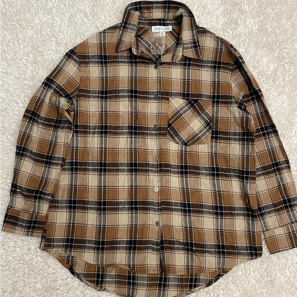 She + Sky Men's Casual Plaid Shirt - Brown and Black